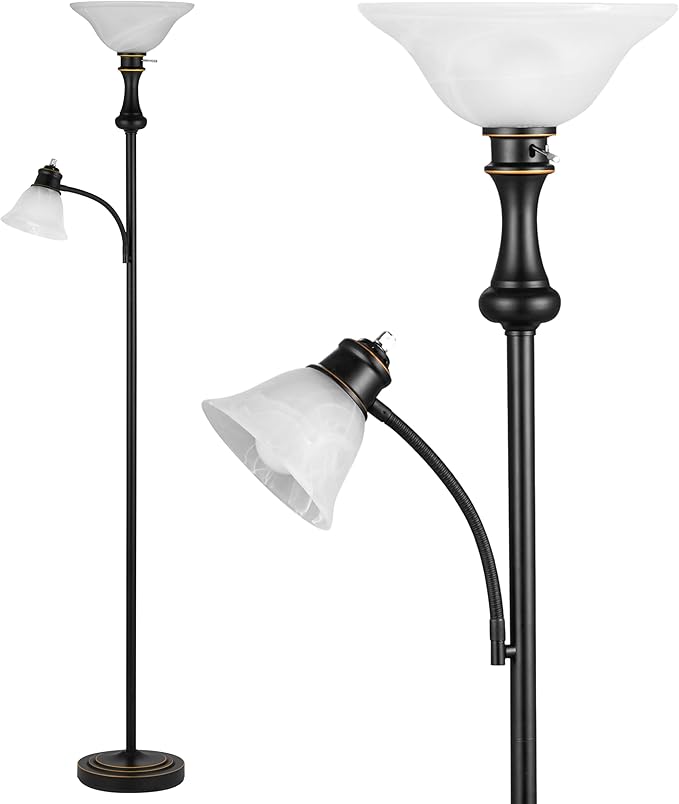 71'' Torchiere Floor Lamp for Bedroom with Glass Shade, Tall Floor Lamps for Living Room with Adjustable Angle Arc Reading Light, Modern Standing Light, Knob Switch, Bulb Included, Black