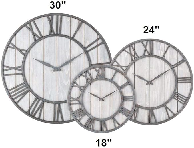 Oldtown Farmhouse Metal & Solid Wood Noiseless Wall Clock (Whitewash, 24-inch)