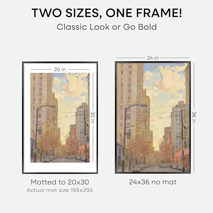 Homeforia 24x36 Picture Frame Black, High End Metal 24 x 36 Large Poster Frames with Mat 20 by 30 inch Photo, 24x36 Thin Frame Matted to 20x30 in Print, 36x24 Frame, Tempered Glass, Wall Kit, Set of 1
