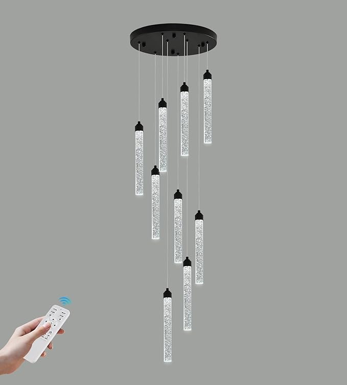 9-Lights High Ceiling Crystal Staircase Chandelier Black Pendant Lights Modern Spiral Raindrop Dimmable LED Bubble Cluster Ceiling Hanging Lighting Fixture for Foyer Living Room Remote Control