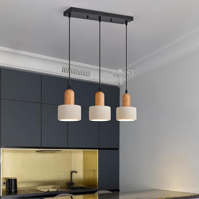 Modern Cement Pendant Lights White Chandelier Wooden Ceiling Lamps for Kitchen Island Bedroom Dining Room Living Room bar（3-Light）