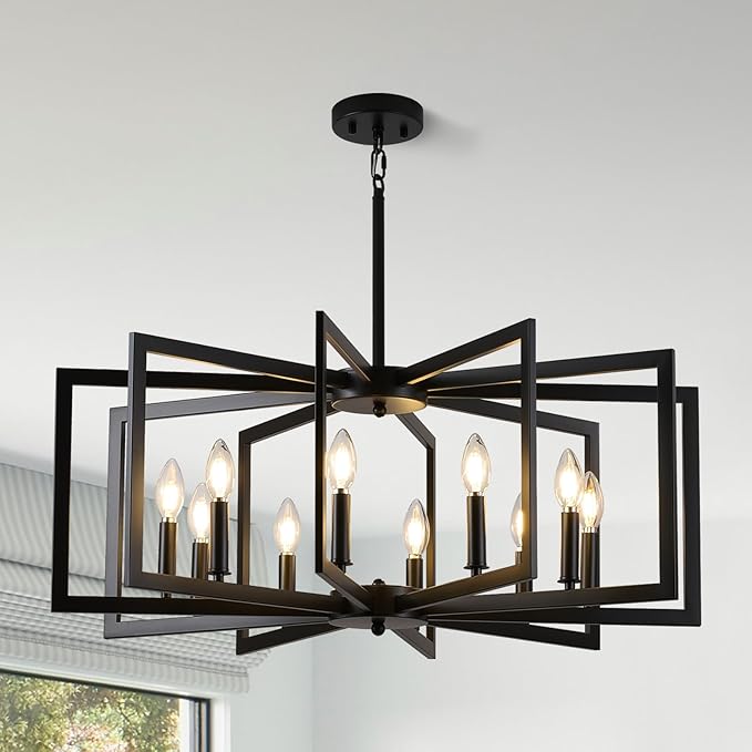 Black Chandelier for Dining Room, 10-Light Kitchen Chandelier Light Fixture Modern Metal Industrial Large Chandeliers for Farmhouse Entryway Living Room (E12 Bulbs Not Included)