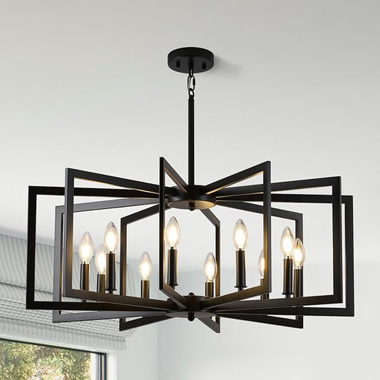 Black Chandelier for Dining Room, 10-Light Kitchen Chandelier Light Fixture Modern Metal Industrial Large Chandeliers for Farmhouse Entryway Living Room (E12 Bulbs Not Included)