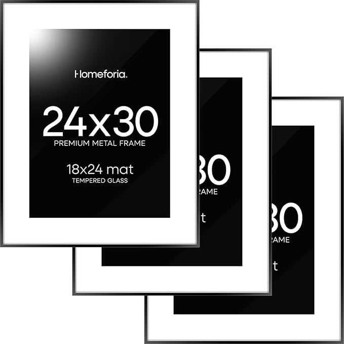 Homeforia 24x30 Poster Frame Black, High End Metal 24 x 30 Picture Frames with Mat 18 by 24 inches Photo, 24x30 Black Frame Matted to 18x24 Print, 30x24 Large Frame, Tempered Glass, Wall Kit, Set of 3