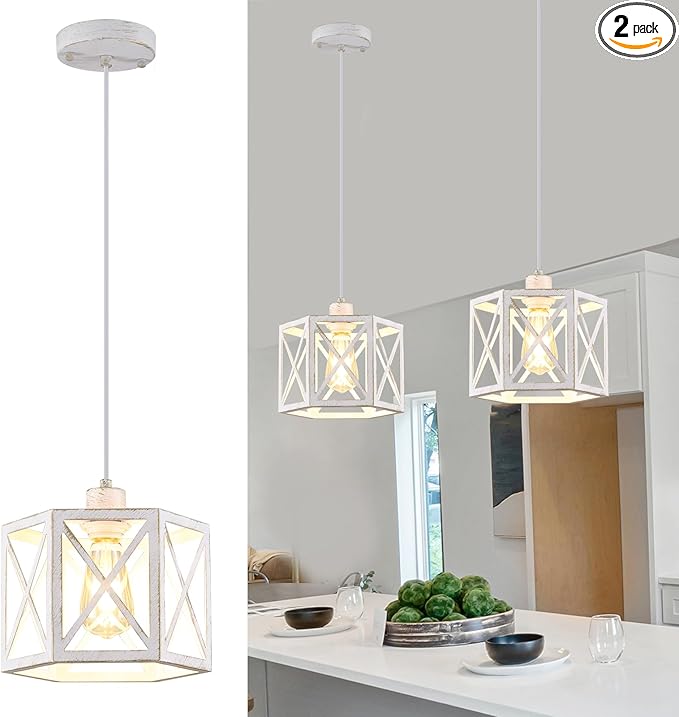 2 Pack Pendant Lights for Kitchen Island, Modern Pendant Lighting with White Hexagonal Cage, Vintage Metal Ceiling Lights, Adjustable Lantern Hanging Light Fixture for Foyer Entryway Bedroom