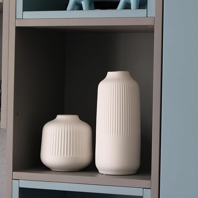 White Ceramic Vase Set of 2, Flower Vases Home Decor, Boho Vase for Pampas Grass, White Vases for Centerpieces Table Entryway Shelf