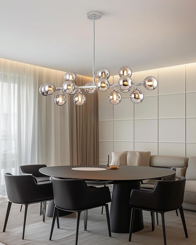 Glass Globe Sputnik Chandelier, 16-Light Mid Century Modern Light Fixture Over Table, Linear Chandeliers for Dining Room, Kitchen Island, Chrome and Smoke Grey Bubble, 40 Inch, GC-02