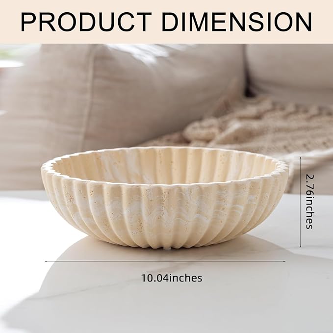 Large Decorative Fruit Bowl for Kitchen Counter, Travertine Stone Look Modern Minimalist Snack Candy Bowl for Table Centerpiece Decor, Home, Office, Hotel, Entryway (Yellow)