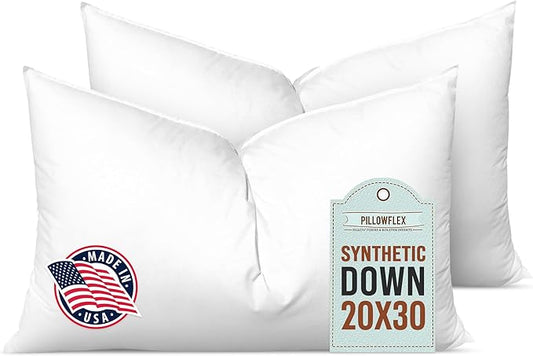 Pillowflex Synthetic Down Alternative Pillow Inserts for Shams - Comfy Pillows for Sleeping, Perfect Pillow & Best Sleeping Pillows, Handmade Down Alternative Throw Pillow Inserts - (20x30 Set of 2)