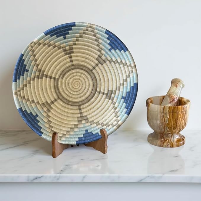 Handwoven African Basket Handmade sisal Fruit Bowl Wall Hanging decorative Baskets for Home Living Room Kitchen Centerpiece Zen Designs Arts and Crafts (Pastel Blue, 8in diameter)