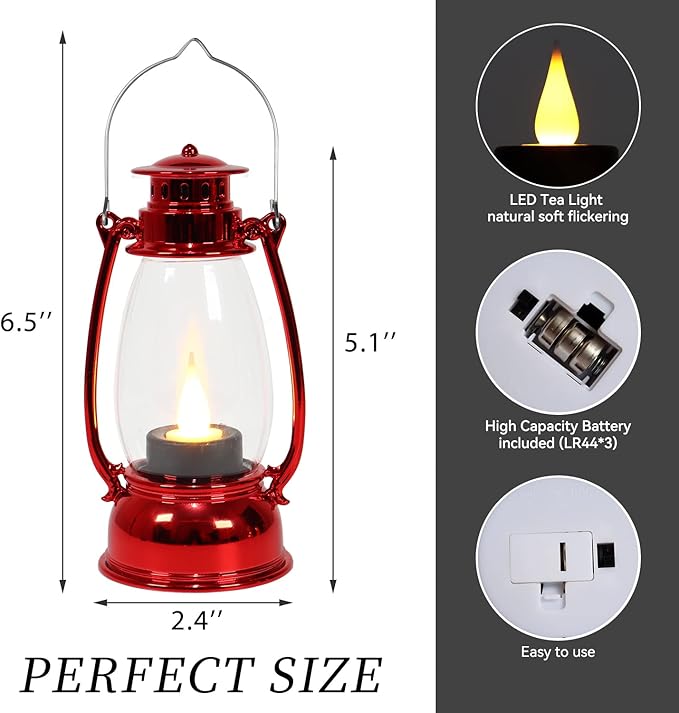 Mini Lanterns,12Pcs Red Lantern Decorative with Flickering LED Candle, Retro Small Hanging Lanterns, Christmas Table Centerpiece, Indoor Halloween Xmas Decorations, Camping Party Decor