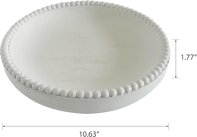 Beaded Wood Decorative Bowl, 10.63" Farmhouse Wooden Bowl White Wash Decorative Tray for Home Decor
