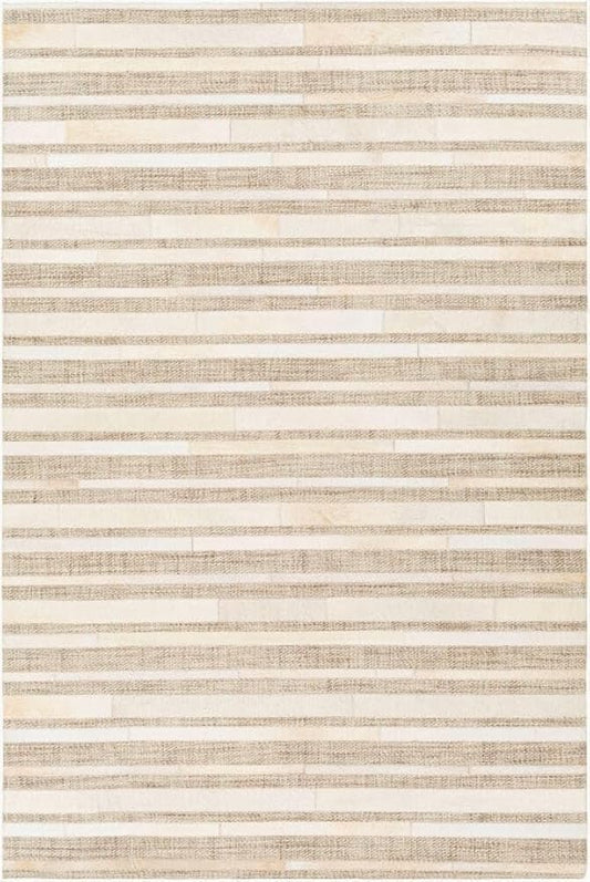 Geometric Pattern Area Rug, Leather and Wool Blend Carpet, Beige and White (Natural Beige/White-119, 2x3)