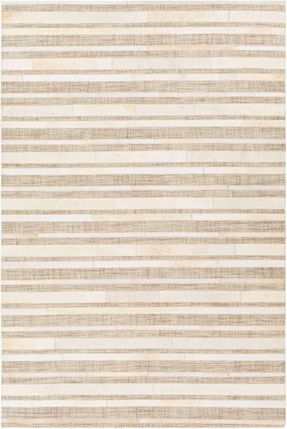 Geometric Pattern Area Rug, Leather and Wool Blend Carpet, Beige and White (Natural Beige/White-119, 9'6"x14'0)