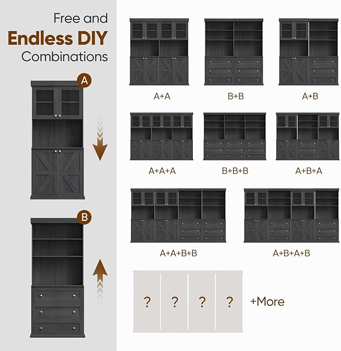71" Farmhouse Kitchen Pantry Cabinet Set of 3, Black Freestanding Coffee Bar with Glass Doors, Microwave Stand, Large Storage Hutch with Adjustable Shelves for Kitchen or Living Room