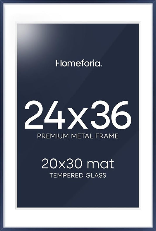 Homeforia 24x36 Navy Blue Picture Frame, High End Metal 24x36 Large Poster Frames with Mat 20x30 inch Photo, 24 x 36 Thin Frame Matted to 20 x 30 Print, 36x24 Frame, Tempered Glass, Wall Kit, Set of 1