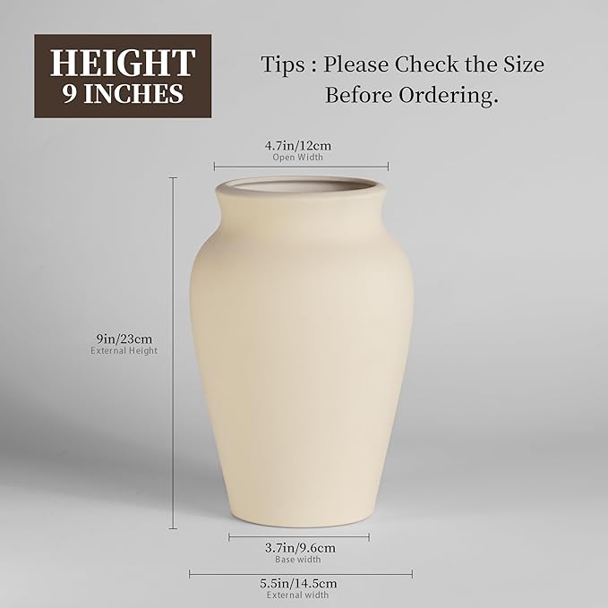 Beige Ceramic Vase Home Decor, 9 Inch Ceramic Wide Mouth Pottery Vase for Farmhouse, Vintage Terracotta Rustic Decor for Living Room, Entryway, Floor, Mantel Decoration