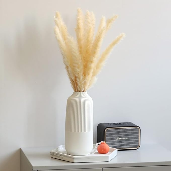 White Ceramic Vase for Flowers, 10 Inch Flower Vases Home Decor, White Boho Vases for Pampas Grass, Vase for Centerpieces Living Room Table Entryway Shelf