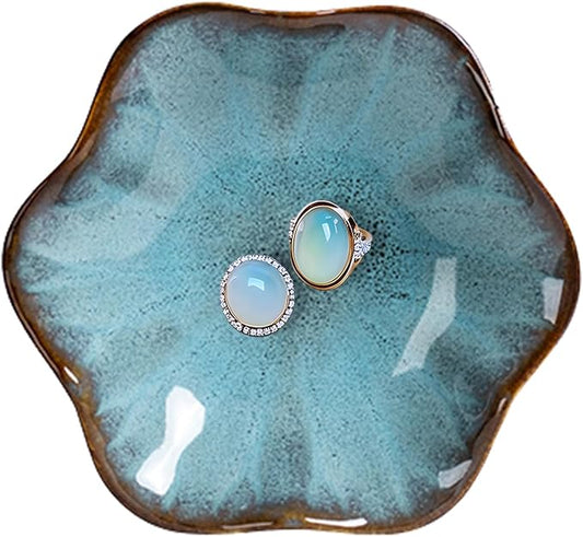 Ceramic Trinket Dish, Ring Tray, Decorative Jewelry Dish, Decoration Plate for Earrings, Rings, Jewelry Dish Holder, Key Bowl, Trinket Tray, Earring Holder for Women (Sea Blue)