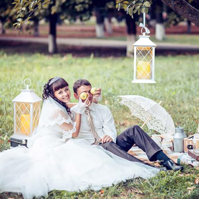 YAKii Decorative Candle Lantern with LED Flameless Candle and Timer, Plastic LED Candle & Holder, Indoor & Outdoor Hanging Lights Decorations Lantern (White 2PCS)