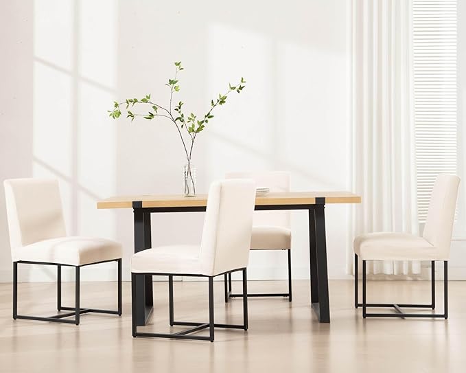 VESCASA Upholstered Dining Chairs Set of 4 with Removable Chair Cover, Mid Century Modern Padded Chair with Black Metal Frame for Restaurant, Dining Room, Kitchen, Linen Cream