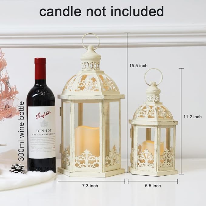 Lanterns Decorative Outdoor&Indoor, Set of 2 (15"&11") Beige Metal Lantern Decor with Glass, Candle Holder for Porch, Patio, Garden, Fall, Wedding, Christmas, Table Centerpiece