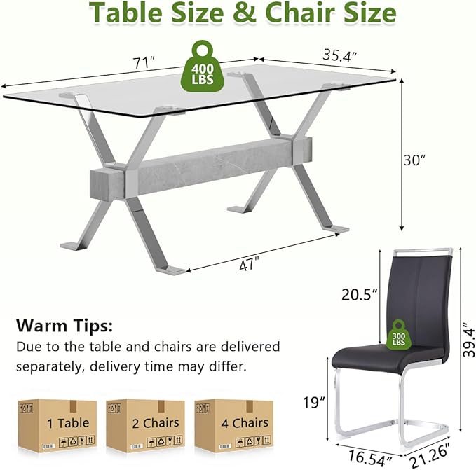 7 Piece Glass Dining Table Set, Kitchen Table Chairs Set for 6, 71'' Dining Table with 0.4" Tempered Glass Tabletop with Plated Metal Legs and MDF Crossbar, 6 PU Chairs for Dining Room, Kitchen.