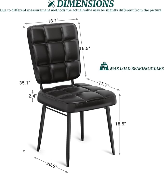 Leather Dining Chairs Set of 2, Upholstered Dining Room Kitchen Chairs with Thick Cushion, High Backrest, Metal Legs, Mid Century Modern Side Chair for Living Room Cafe Restaurant, Ink Black