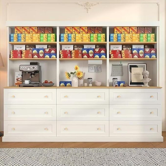 Vyre 71" Farmhouse Kitchen Pantry Cabinet Set of 4, White Freestanding Coffee Bar Hutch with Drawers & Adjustable Shelves, Large Storage Cabinet with Microwave Stand for Living Room & Kitchen