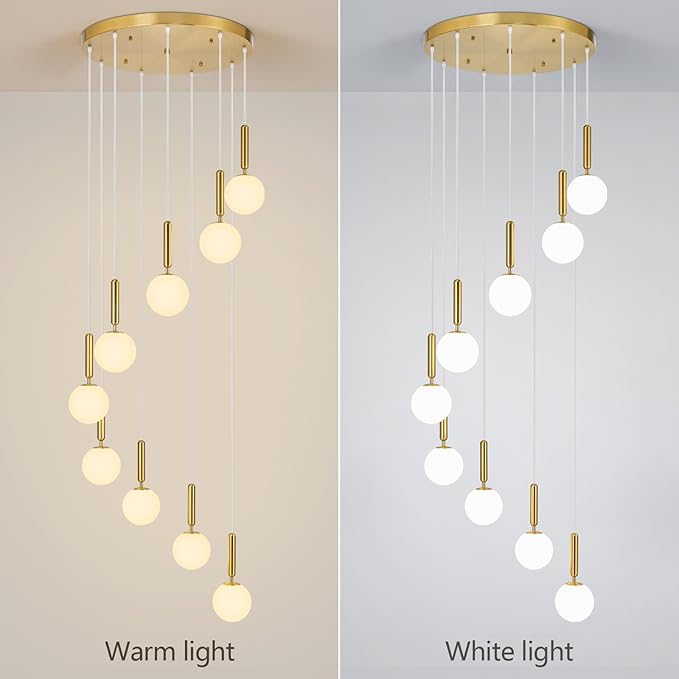 9-Lights Gold Chandelier with Milk White Glass Mid Century Modern Globe Pendant Light for Foyer Living Room Entryway Hallway