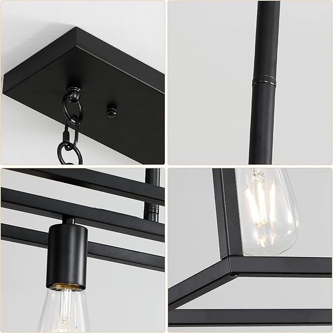 Black Farmhouse Kitchen Island Lighting, Modern Industrial Chandelier, 6-Light Linear Rectangular Pendant Light Fixtures for Farmhouse Kitchen Dining Room Bar Foyer(Metal, Height Adjustable)