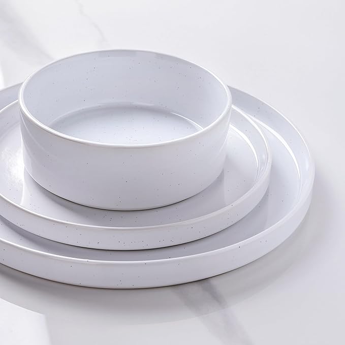 Dinnerware Set for 8, GBhome 24 Piece Speckled Plates and Bowls Set with Glazed Bottom, Chip and Scratch Resistant Stoneware Plates Sets, Dishwasher & Microwave Safe Dishes, White