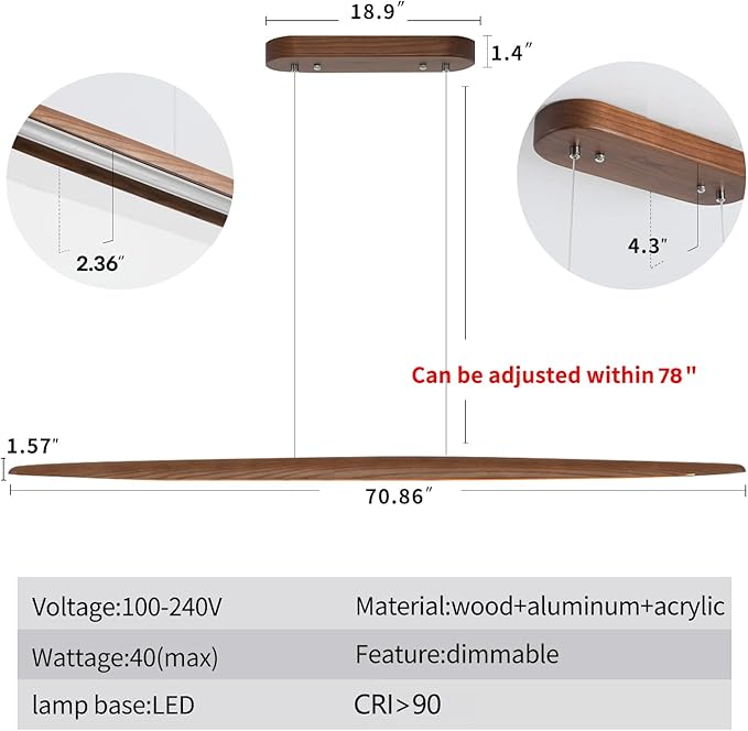 71" Wood Linear Pendant Light Wood Linear Dinning Room Light Island Lights LED Dimmable Chandelier 40w for Dining Room Billiard & Pool Table Walnut Color