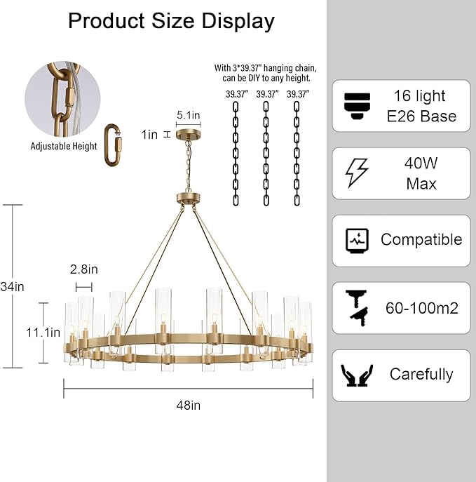 48 Inch Gold Chandelier, Wagon Wheel Chandelier with Glass Shade, 16-Lights Large Round Modern Farmhouse High Ceiling Pendant Lighting Fixture for Dining Room, Living Room, Kitchen, Foyer