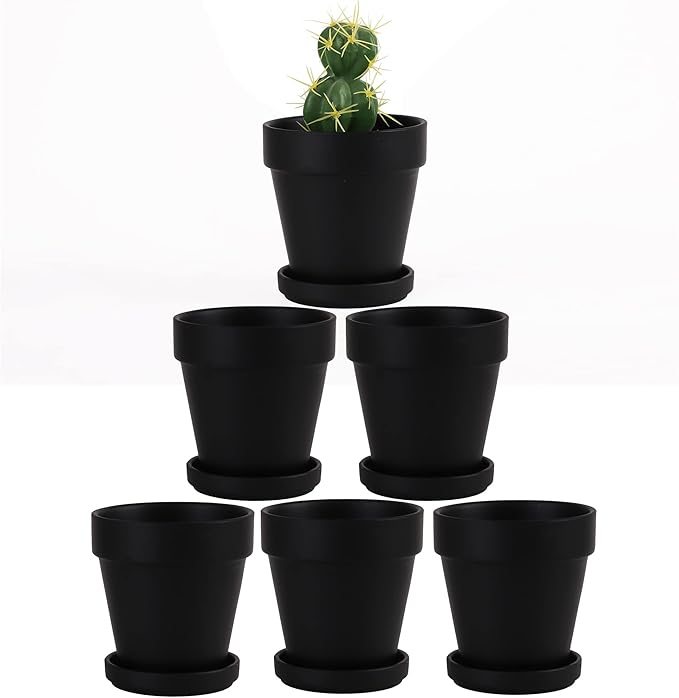 Fcacti 4 Inches Small Black Terracotta Pots with Saucer, 6 Pack 4" Terra Cotta Planter with Drainage Holes, Small Clay Flower Pots for Plants, Succulents, Crafts, Wedding Favor