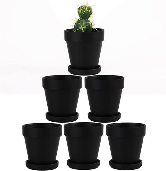 Fcacti 4 Inches Small Black Terracotta Pots with Saucer, 6 Pack 4" Terra Cotta Planter with Drainage Holes, Small Clay Flower Pots for Plants, Succulents, Crafts, Wedding Favor