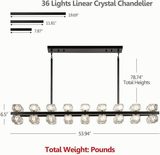 53" Linear Black Chandelier, 36 Lights Modern Crystal Chandelier for Dining Room, Island Lighting Fixture with Crystal Shades for Kitchen