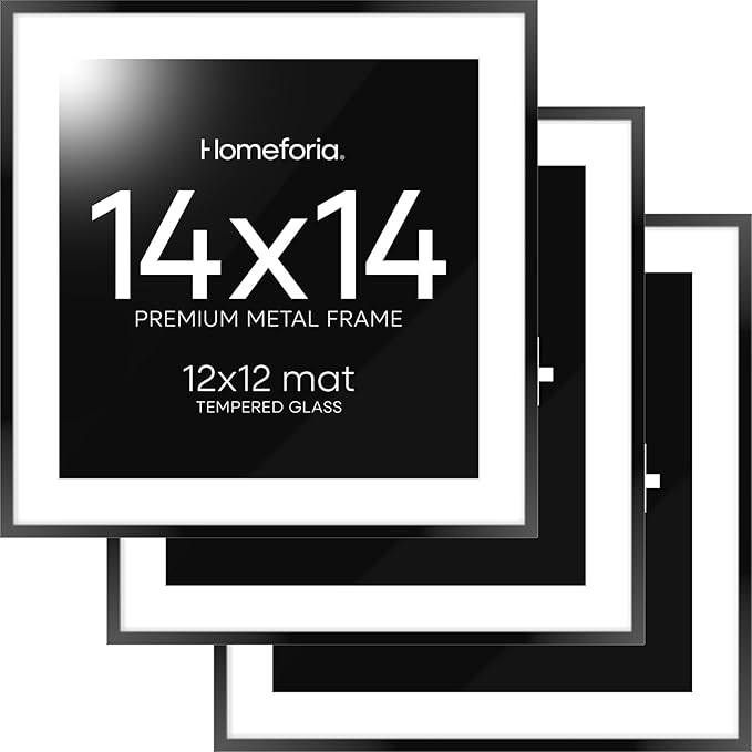 Homeforia 14x14 Picture Frame Black, High End Metal 14 x 14 Square Poster Frames with Mat 12 x 12 Photo, 14x14 Black Frame Matted to 12x12 Print, 14by14 Thin Frames, Tempered Glass, Wall Kit, Set of 3