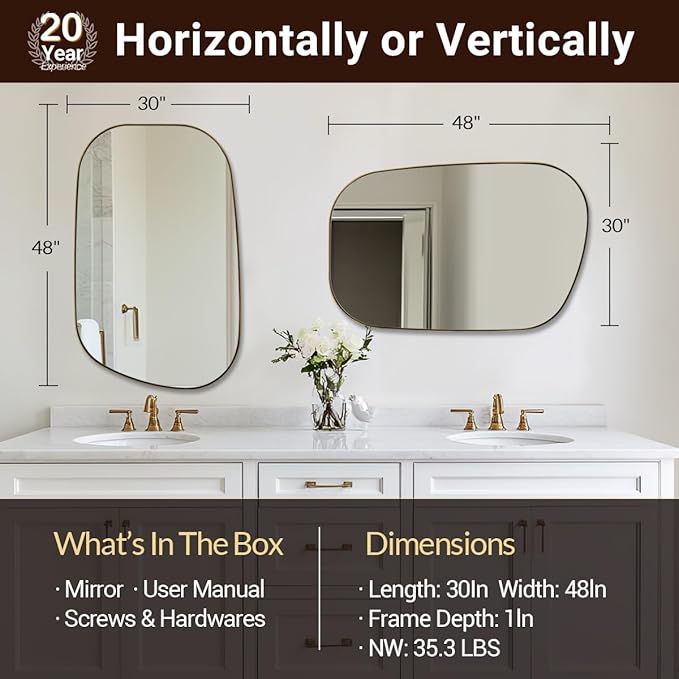 ANDY STAR 30"x48" Gold Wall Mirror，Brushed Brass Irregular Bathroom Mirror with Stainless Steel Metal Frame, Large Asymmetrical Mirror for Bathroom, Entryway (Horizontal/Vertical)