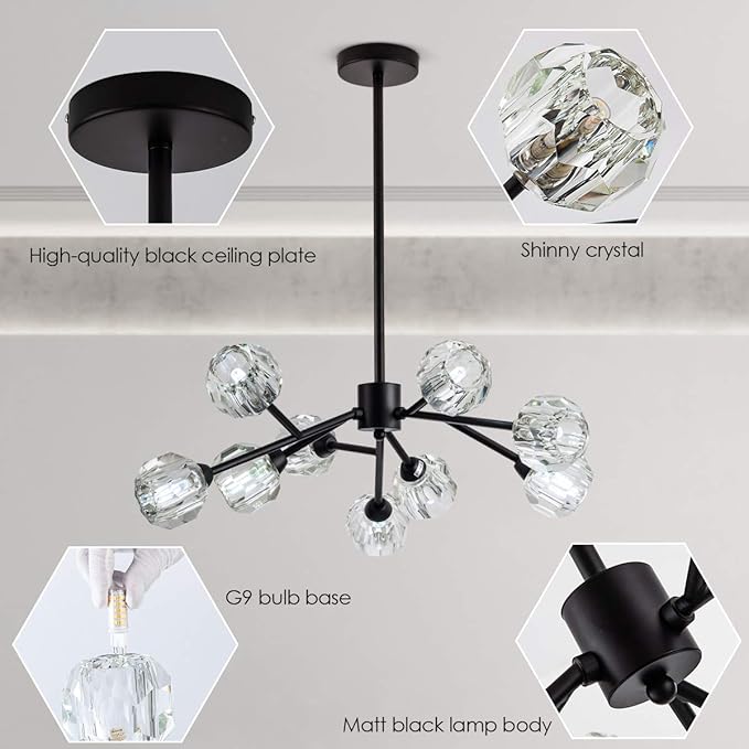 Sputnik Chandeliers for Dining Room Light Fixture Over Table, Modern Crystal Chandeliers, 9 Lights Black Lighting Fixtures for Living Room Bedroom Kitchen Island Bar