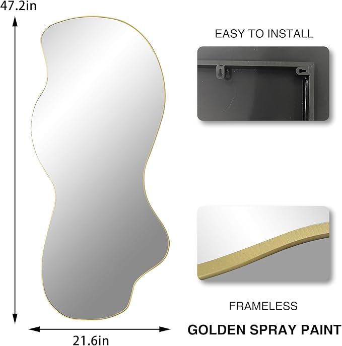 POZINO Irregular Wall Mirror, Gold Asymmetrical Mirrors Decorative, 47.2"x21.6" Large Wavy Shaped Mirror, Modern Frameless Wall Mirrors for Living Room Bathroom Bedroom Hallway Entryway Fireplace