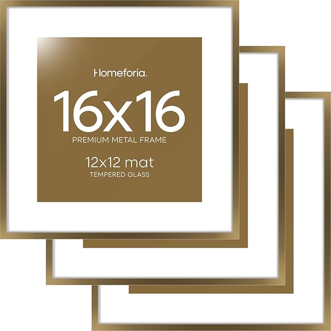 Homeforia 16x16 Picture Bronze Frames, High End Metal 16 x 16 Square Poster Frame with Mat 12 x 12 Photo, 16x16 Brass Frame Matted to 12x12 Print, 16by16 Thin Frames, Tempered Glass, Wall Kit, Set of 3