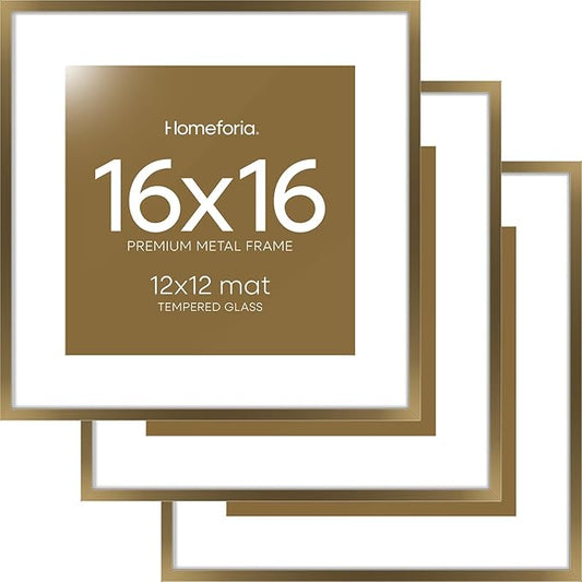Homeforia 16x16 Picture Bronze Frames, High End Metal 16 x 16 Square Poster Frame with Mat 12 x 12 Photo, 16x16 Brass Frame Matted to 12x12 Print, 16by16 Thin Frames, Tempered Glass, Wall Kit, Set of 3