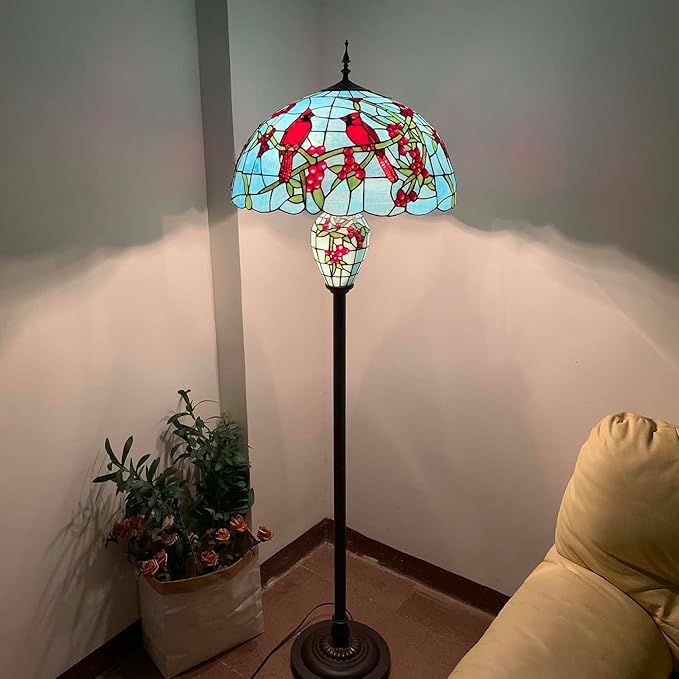 Bieye L10894 Red Cardinals on Holly Branches Tiffany Style Stained Glass Floor Lamp with 20-inch Wide Lampshade, Double-Lit, 64-inch Tall