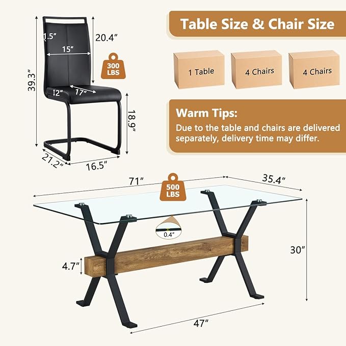 9 Piece Glass Dining Table Set, Kitchen Table Chairs Set for 8, 71'' Dining Table with 0.4" Tempered Glass Tabletop with Plated Metal Legs and MDF Crossbar, 8 PU Chairs for Dining Room, Kitchen.