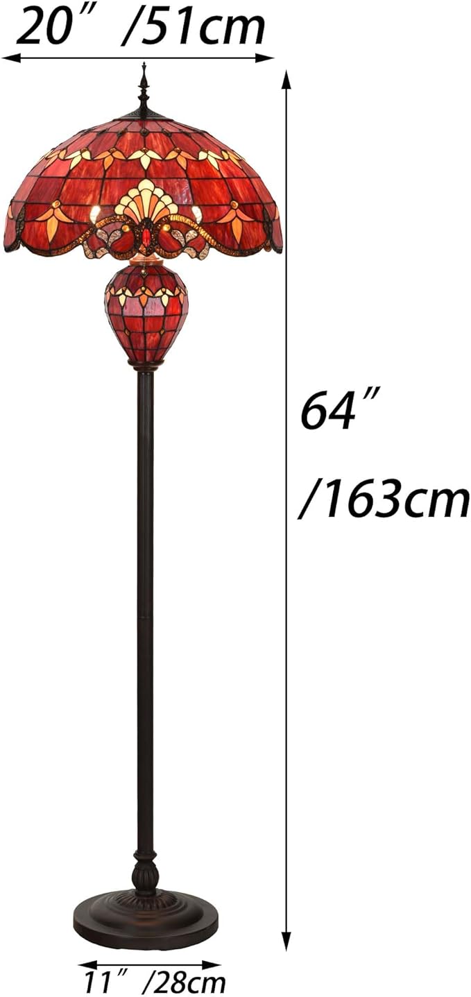 Bieye L10887 Baroque Tiffany Style Stained Glass Double Lit Floor Lamp for Home Decor 64-inch Tall (20-inch Wide, Red)
