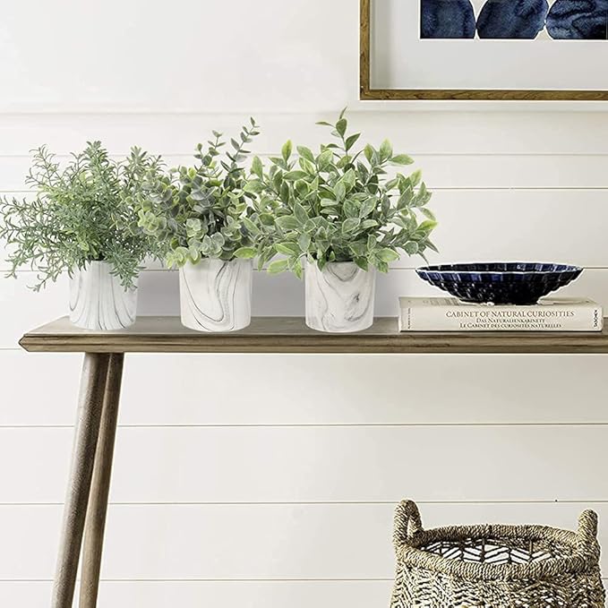 Hollyone Faux Plants Indoor Artificial Mini Potted Plants Plastic Green Plant Small Fake Plants Eucalyptus Decor in Pots for Home Table Room Bathroom Decor