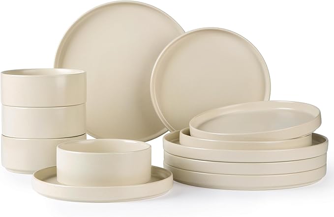 TheTerra Ceramic Dinnerware Sets for 4, 12 Pieces Handmade Reactive Glaze Plates and Bowls Set, Scratch Resistant Dish Set, Oven & Microwave & Dishwasher Safe, Ice Cream