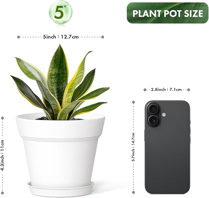5 Inch Plastic Plant Pots with Drainage Holes and Trays – 6 Pack Small Nursery Pots for Indoor & Outdoor House Plants and Flowers, Seedling Starter Planters, White