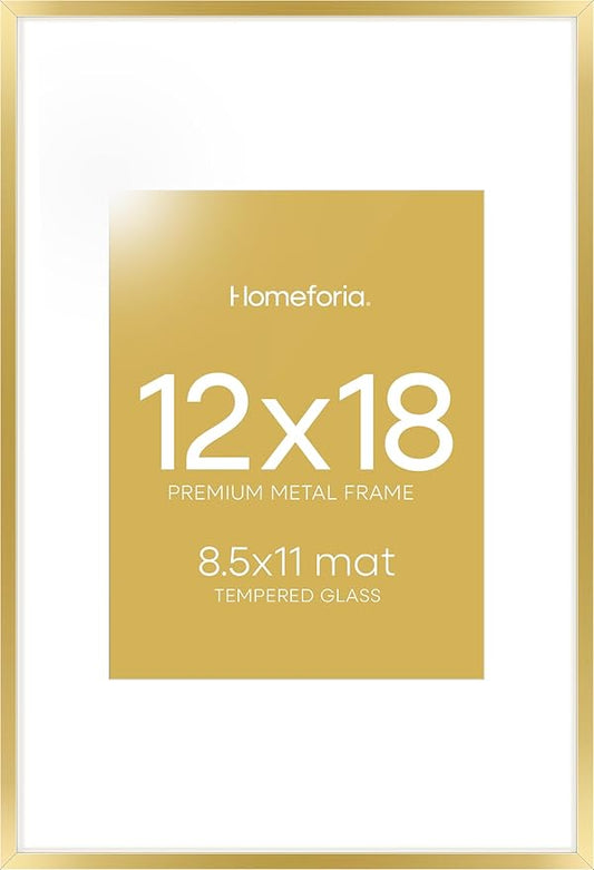 Homeforia 12x18 Picture Frame Gold, High End Metal 12x18 Poster Frames with Mat 8.5x11 Photo, 12 x 18 Gold Frame Matted to 8.5 by 11 Print, 18x12 Thin Hanging Frame, Tempered Glass, Wall Kit, Set of 1